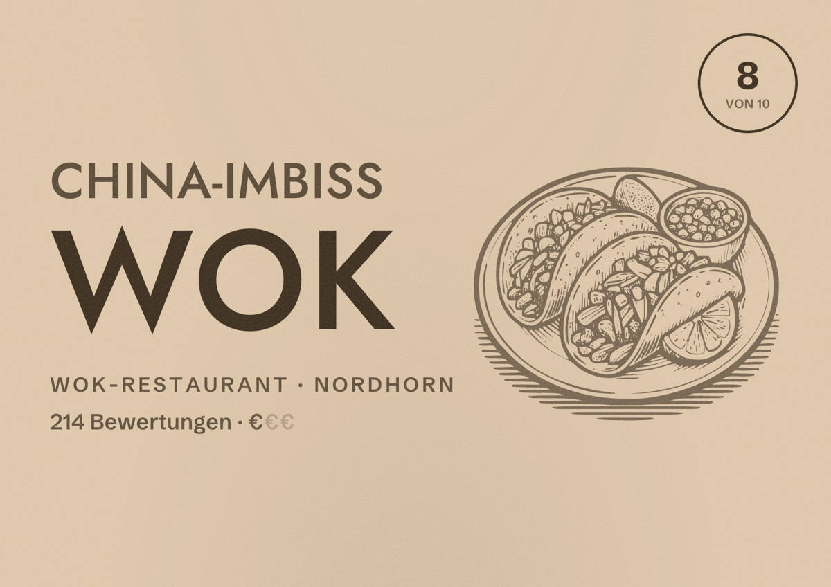 Illustriertes Poster von China-Imbiss Wok, Wok-Restaurant in Nordhorn: Bewertung 8 von 10 aus 214 Bewertungen, Preisniveau €
