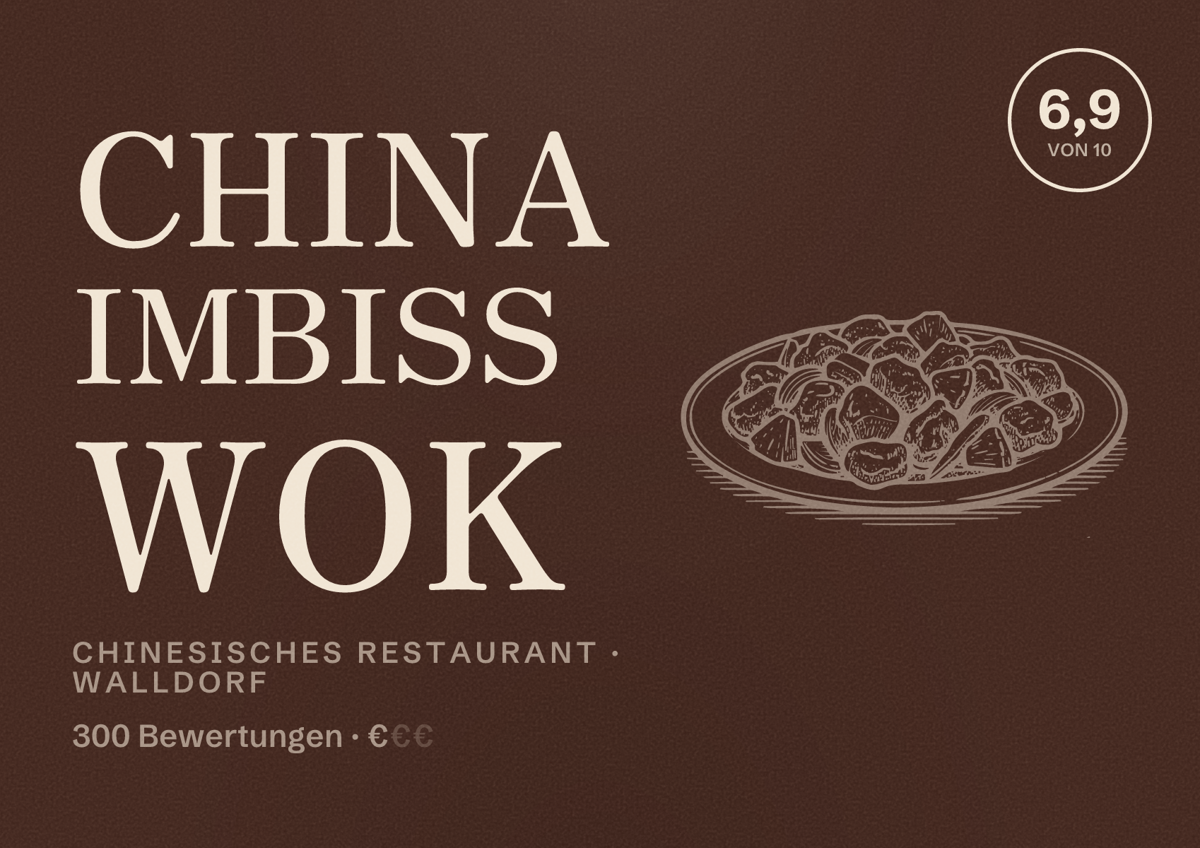 Illustriertes Poster von China Imbiss WOK, Chinesisches Restaurant in Walldorf: Bewertung 6,9 von 10 aus 300 Bewertungen, Preisniveau €