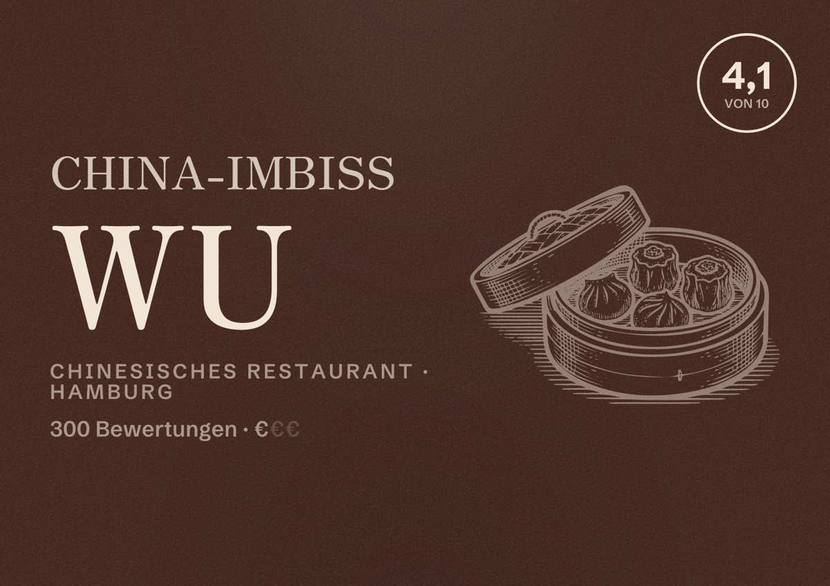 Illustriertes Poster von China-Imbiss Wu, Chinesisches Restaurant in Hamburg: Bewertung 4,1 von 10 aus 300 Bewertungen, Preisniveau €