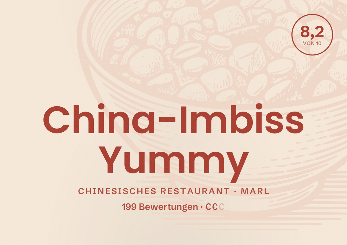 Illustriertes Poster von China-Imbiss Yummy, Chinesisches Restaurant in Marl: Bewertung 8,2 von 10 aus 199 Bewertungen, Preisniveau €€
