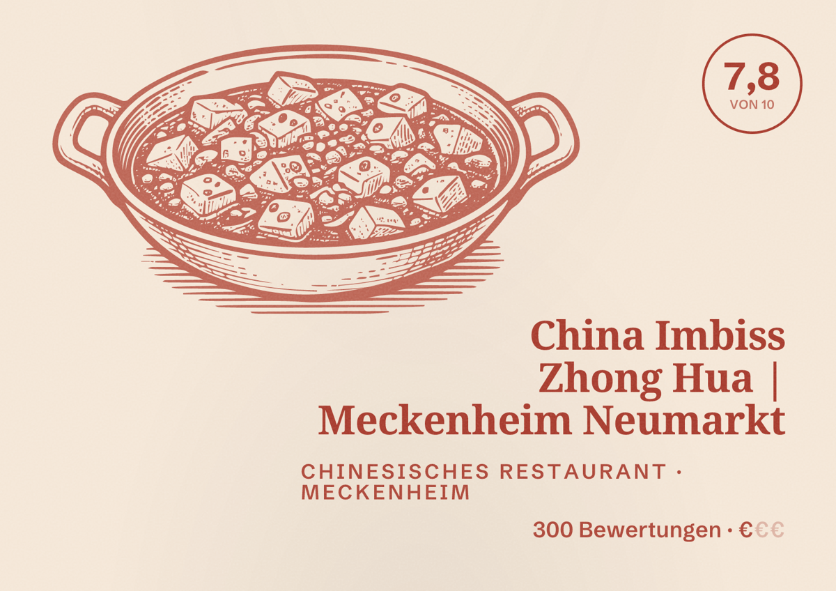 Illustriertes Poster von China Imbiss Zhong Hua | Meckenheim Neumarkt, Chinesisches Restaurant in Meckenheim: Bewertung 7,8 von 10 aus 300 Bewertungen, Preisniveau €