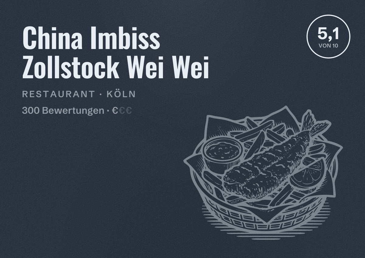 Illustriertes Poster von China Imbiss Zollstock Wei Wei, Restaurant in Köln: Bewertung 5,1 von 10 aus 300 Bewertungen, Preisniveau €