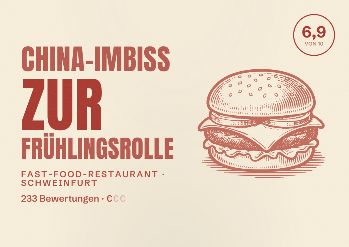 Illustriertes Poster von China-Imbiss Zur Frühlingsrolle, Fast-Food-Restaurant in Schweinfurt: Bewertung 6,9 von 10 aus 233 Bewertungen, Preisniveau €