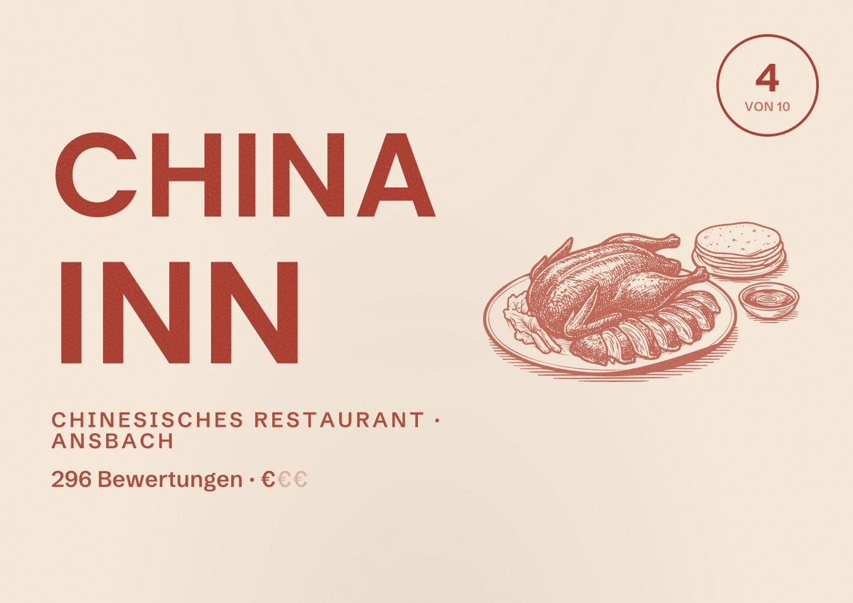 Illustriertes Poster von China Inn, Chinesisches Restaurant in Ansbach: Bewertung 4 von 10 aus 296 Bewertungen, Preisniveau €