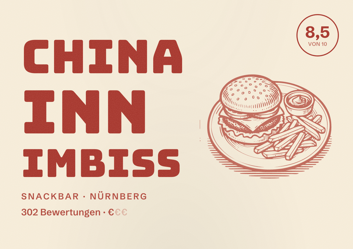 Illustriertes Poster von China Inn Imbiss, Snackbar in Nürnberg: Bewertung 8,5 von 10 aus 302 Bewertungen, Preisniveau €