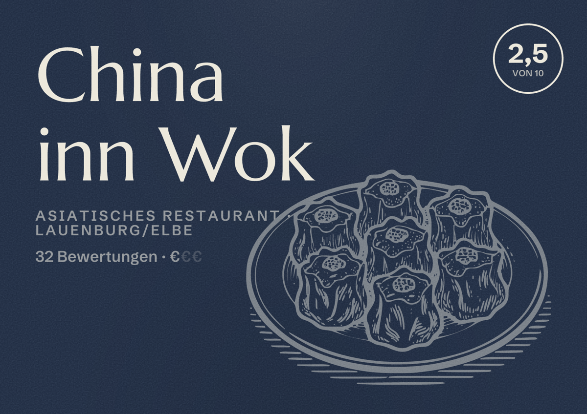 Illustriertes Poster von China inn Wok, Asiatisches Restaurant in Lauenburg/Elbe: Bewertung 2,5 von 10 aus 32 Bewertungen, Preisniveau €