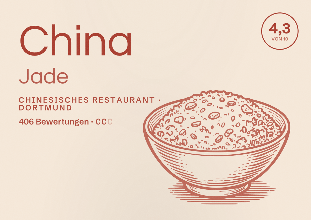 Illustriertes Poster von China Jade, Chinesisches Restaurant in Dortmund: Bewertung 4,3 von 10 aus 406 Bewertungen, Preisniveau €€