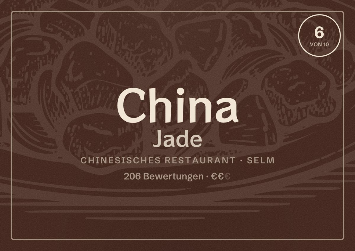 Illustriertes Poster von China Jade, Chinesisches Restaurant in Selm: Bewertung 6 von 10 aus 206 Bewertungen, Preisniveau €€