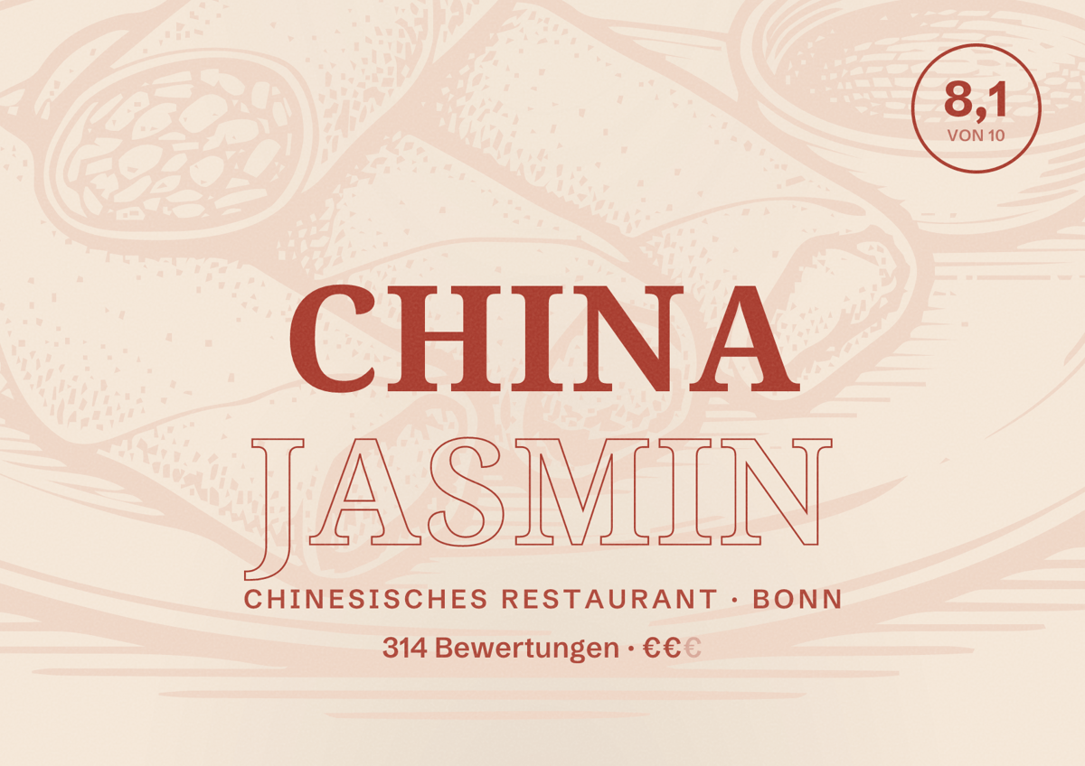 Illustriertes Poster von China Jasmin, Chinesisches Restaurant in Bonn: Bewertung 8,1 von 10 aus 314 Bewertungen, Preisniveau €€