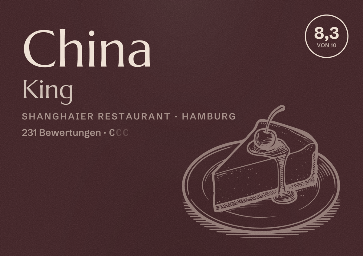 Illustriertes Poster von China King, Shanghaier Restaurant in Hamburg: Bewertung 8,3 von 10 aus 231 Bewertungen, Preisniveau €