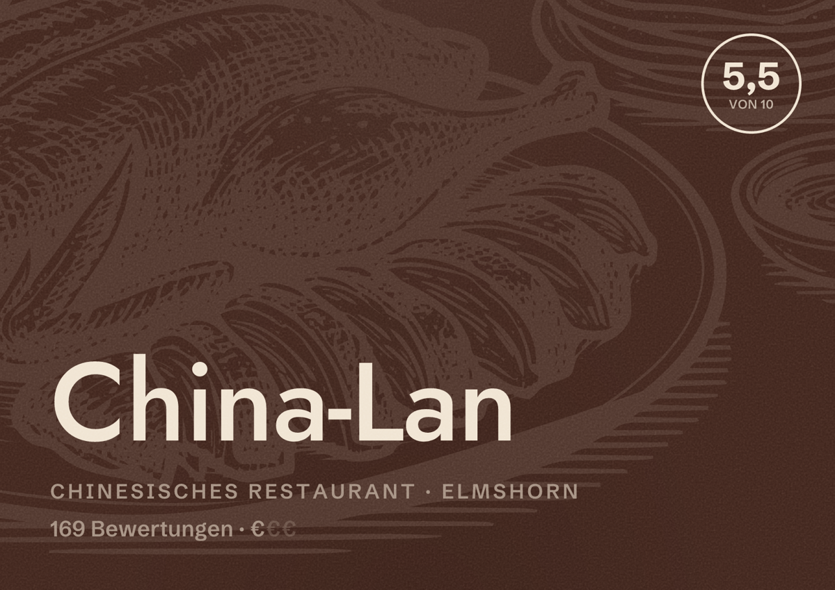 Illustriertes Poster von China-Lan, Chinesisches Restaurant in Elmshorn: Bewertung 5,5 von 10 aus 169 Bewertungen, Preisniveau €