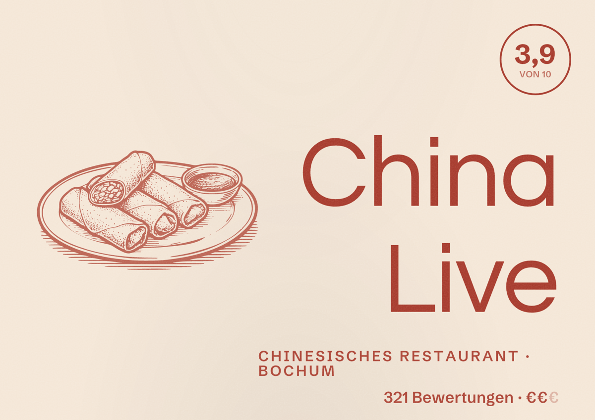 Illustriertes Poster von China Live, Chinesisches Restaurant in Bochum: Gästebewertung 3,9 von 10 aus 321 Bewertungen
