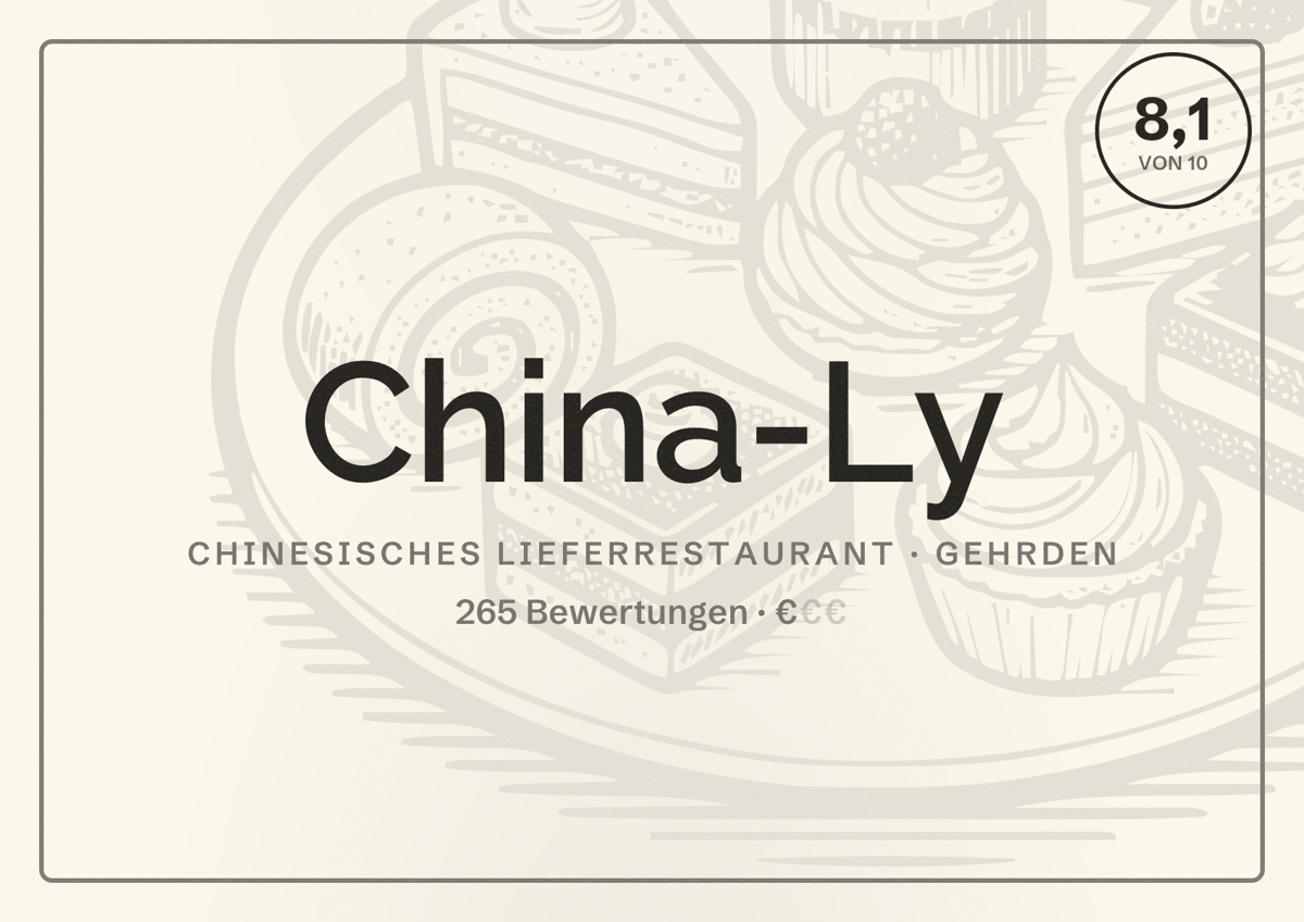 Illustriertes Poster von China-Ly, Chinesisches Lieferrestaurant in Gehrden: Bewertung 8,1 von 10 aus 265 Bewertungen, Preisniveau €