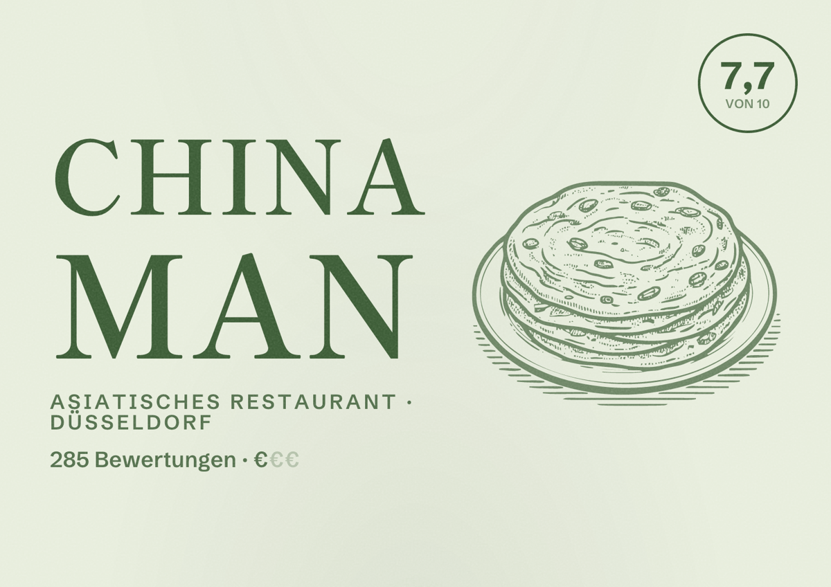 Illustriertes Poster von CHINA MAN, Asiatisches Restaurant in Düsseldorf: Bewertung 7,7 von 10 aus 285 Bewertungen, Preisniveau €
