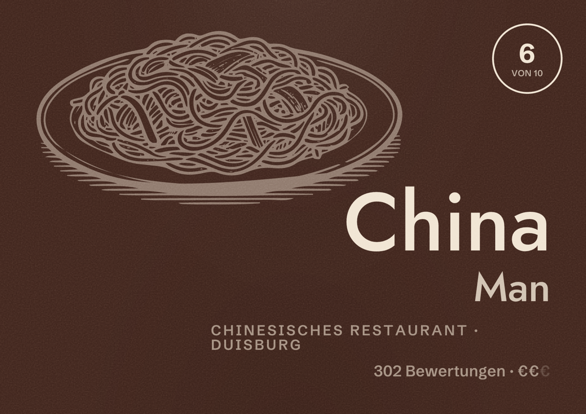 Illustriertes Poster von China Man, Chinesisches Restaurant in Duisburg: Bewertung 6 von 10 aus 302 Bewertungen, Preisniveau €€