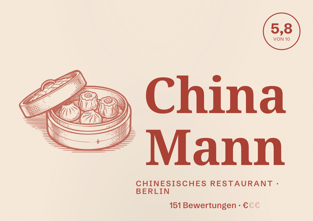 Illustriertes Poster von China Mann, Chinesisches Restaurant in Berlin: Bewertung 5,8 von 10 aus 151 Bewertungen, Preisniveau €