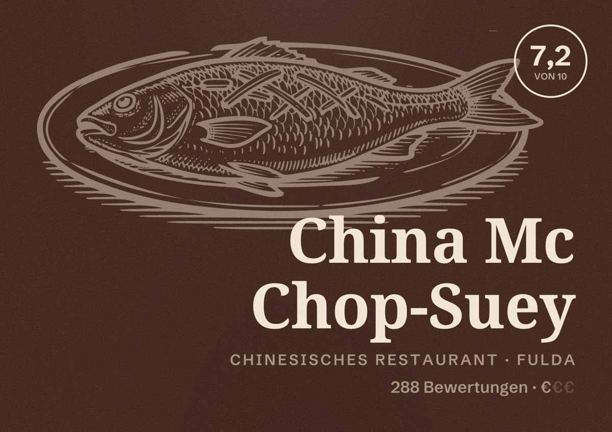 Illustriertes Poster von China Mc Chop-Suey, Chinesisches Restaurant in Fulda: Bewertung 7,2 von 10 aus 288 Bewertungen, Preisniveau €