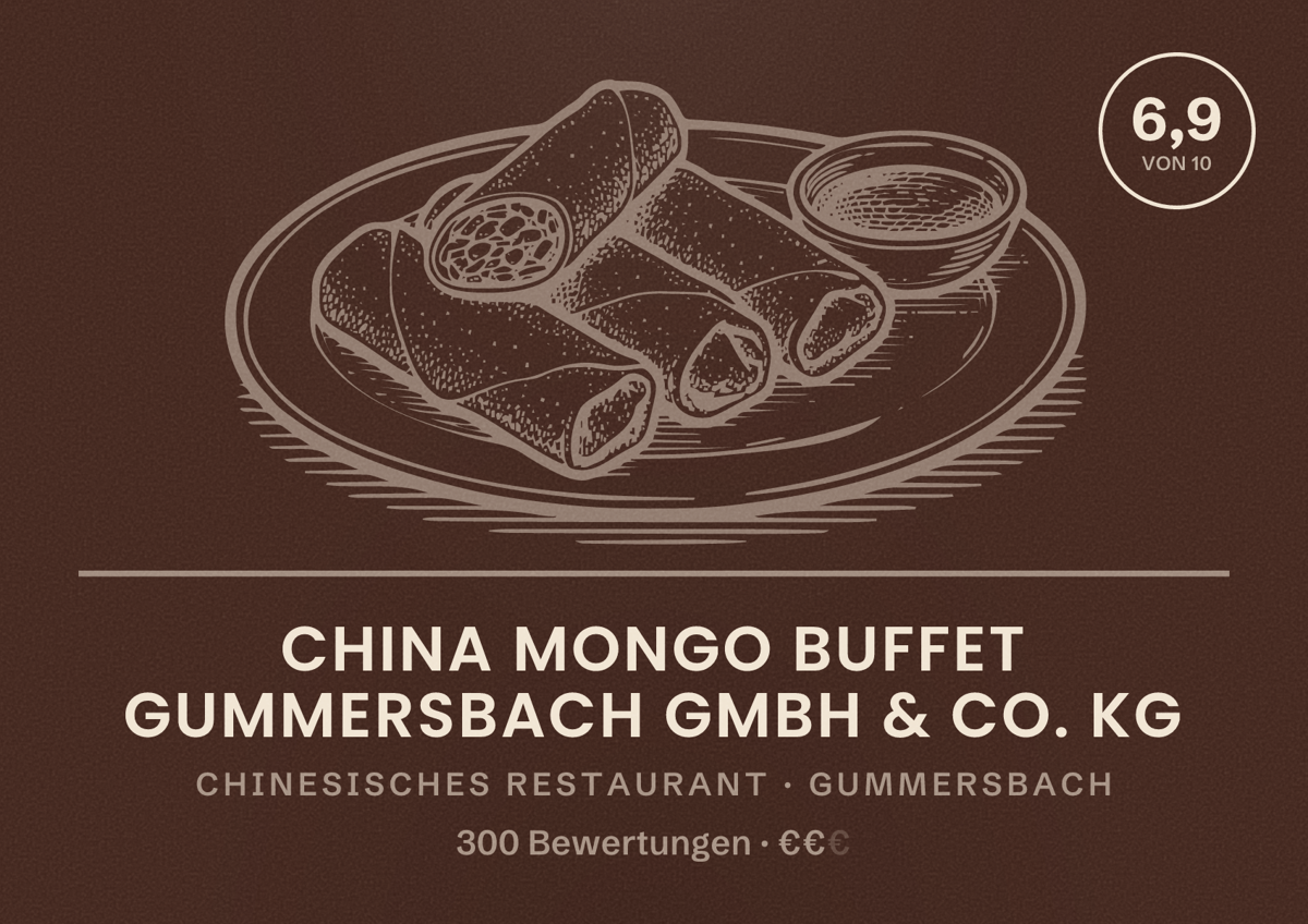 Illustriertes Poster von China Mongo Buffet Gummersbach GmbH & Co. KG, Chinesisches Restaurant in Gummersbach: Bewertung 6,9 von 10 aus 300 Bewertungen, Preisniveau €€