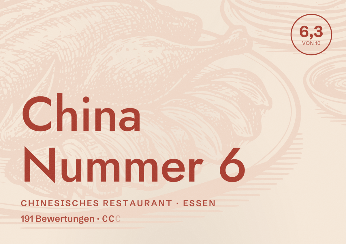 Illustriertes Poster von China Nummer 6, Chinesisches Restaurant in Essen: Gästebewertung 6,3 von 10 aus 191 Bewertungen