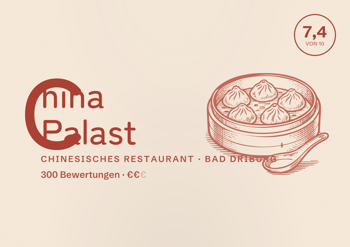 Illustriertes Poster von China Palast, Chinesisches Restaurant in Bad Driburg: Bewertung 7,4 von 10 aus 300 Bewertungen, Preisniveau €€