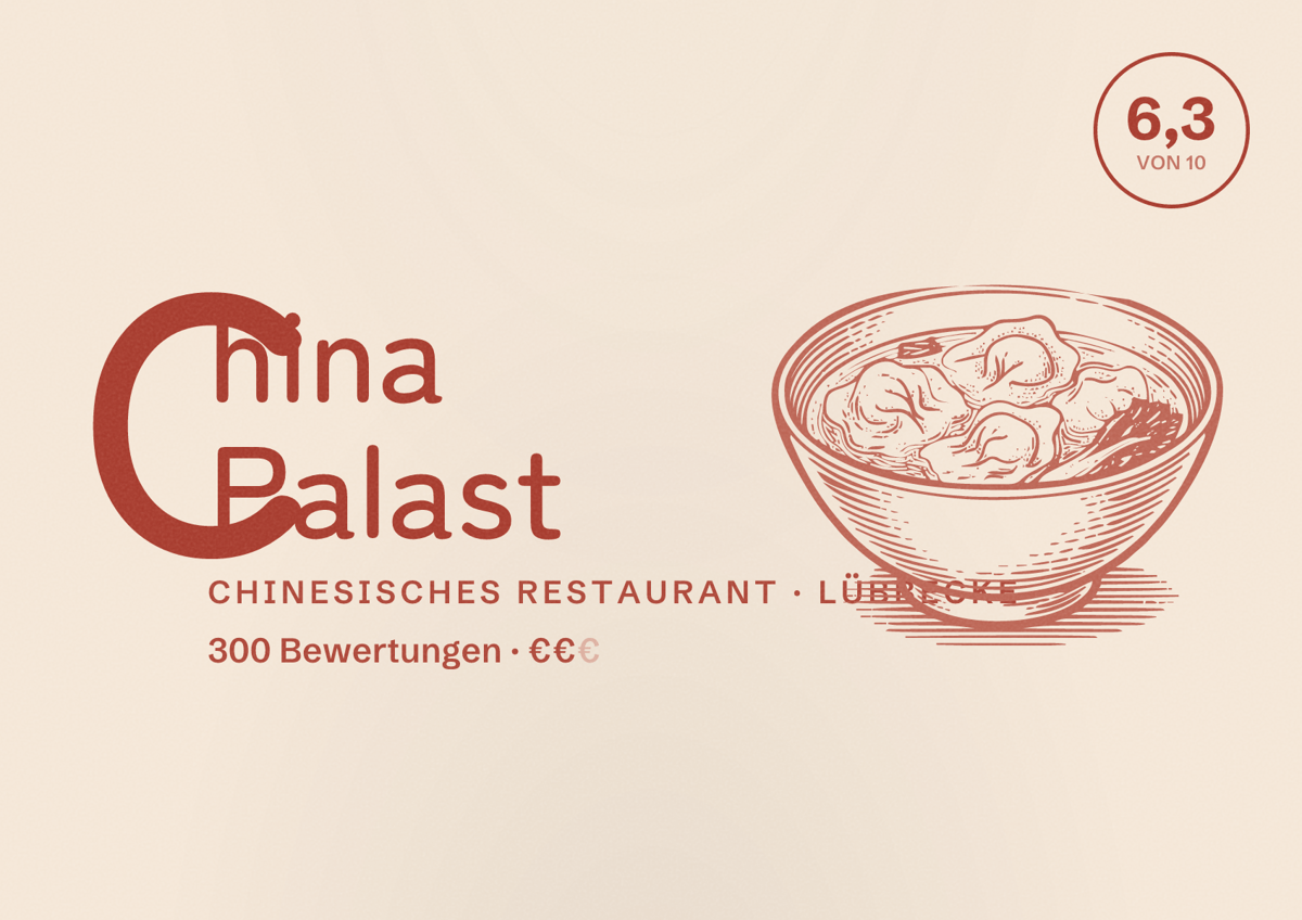 Illustriertes Poster von China Palast, Chinesisches Restaurant in Lübbecke: Bewertung 6,3 von 10 aus 300 Bewertungen, Preisniveau €€
