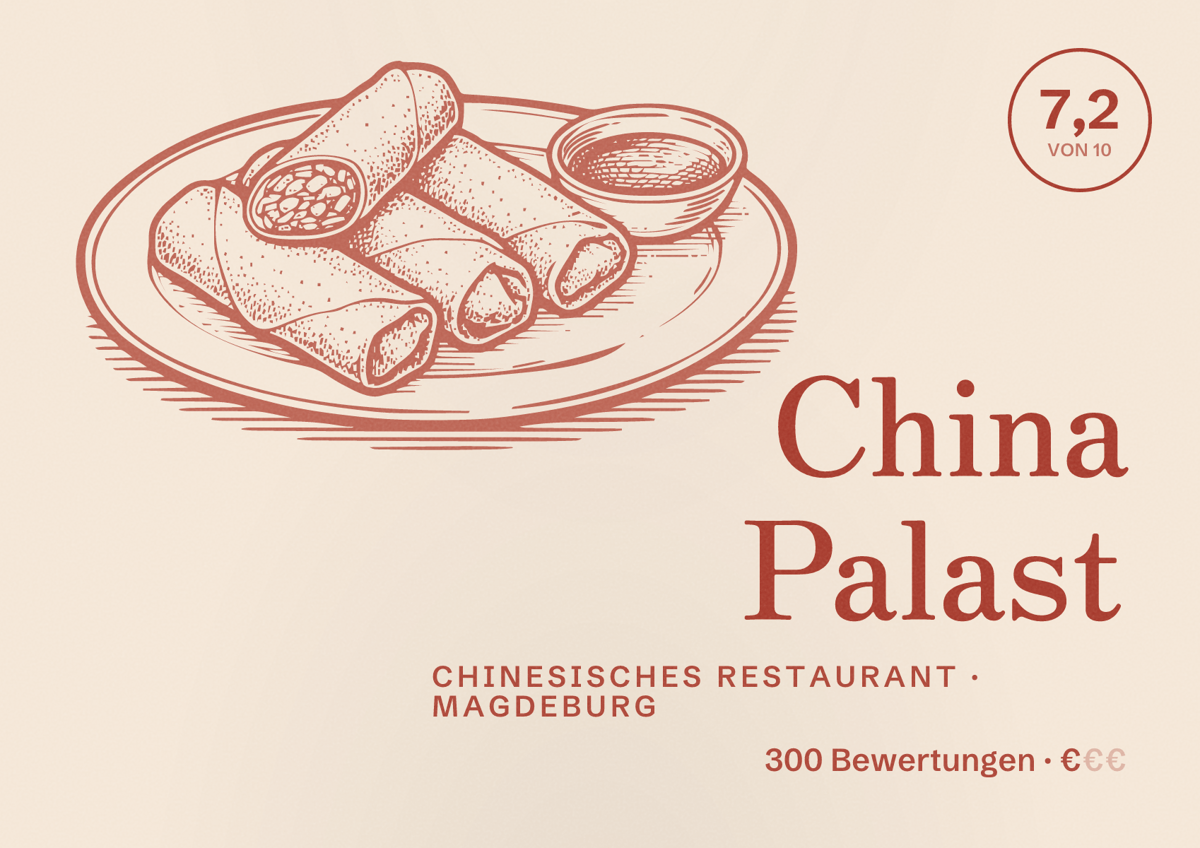 Illustriertes Poster von China Palast, Chinesisches Restaurant in Magdeburg: Bewertung 7,2 von 10 aus 300 Bewertungen, Preisniveau €