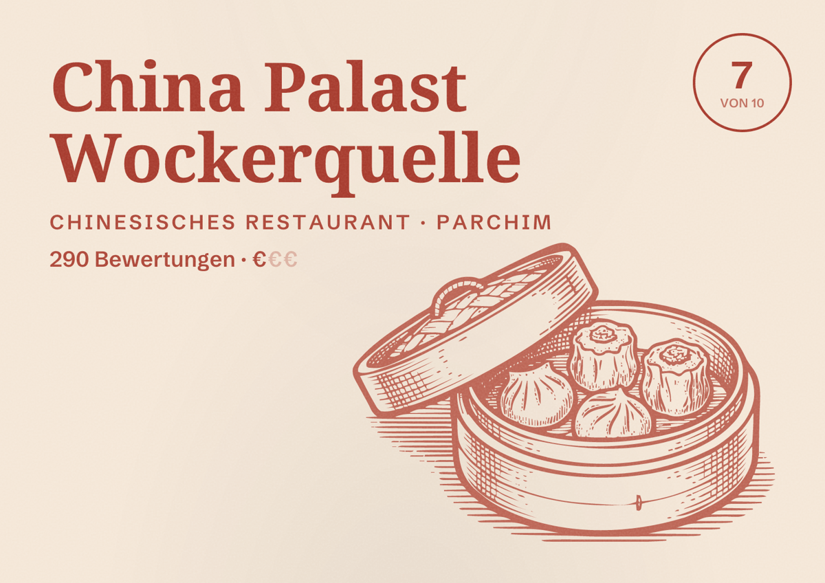 Illustriertes Poster von China Palast Wockerquelle, Chinesisches Restaurant in Parchim: Bewertung 7 von 10 aus 290 Bewertungen, Preisniveau €