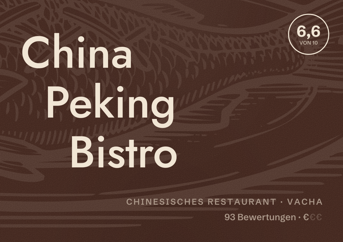 Illustriertes Poster von China Peking Bistro, Chinesisches Restaurant in Vacha: Bewertung 6,6 von 10 aus 93 Bewertungen, Preisniveau €