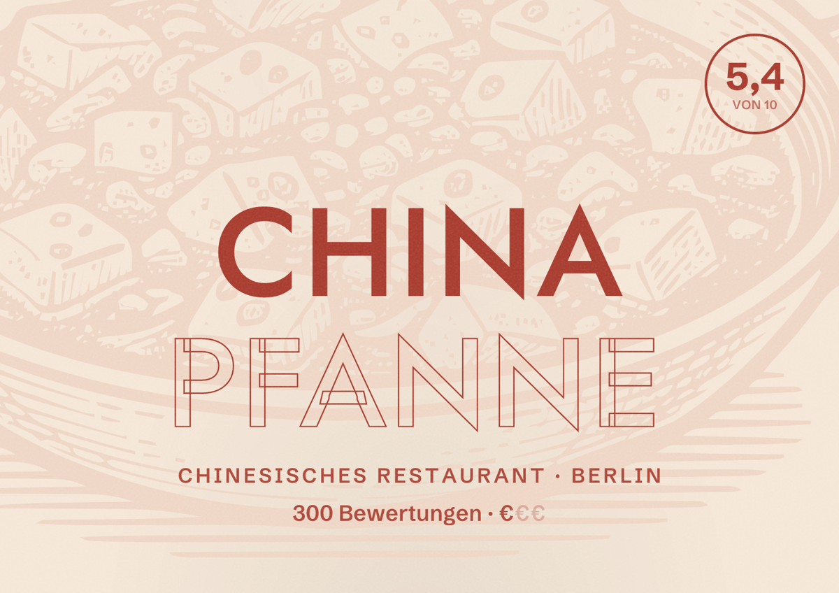 Illustriertes Poster von China Pfanne, Chinesisches Restaurant in Berlin: Bewertung 5,4 von 10 aus 300 Bewertungen, Preisniveau €