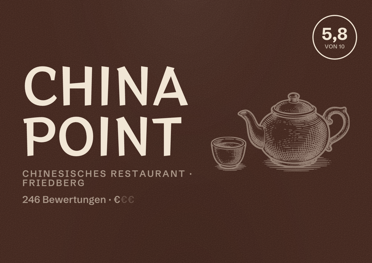 Illustriertes Poster von China Point, Chinesisches Restaurant in Friedberg: Bewertung 5,8 von 10 aus 246 Bewertungen, Preisniveau €