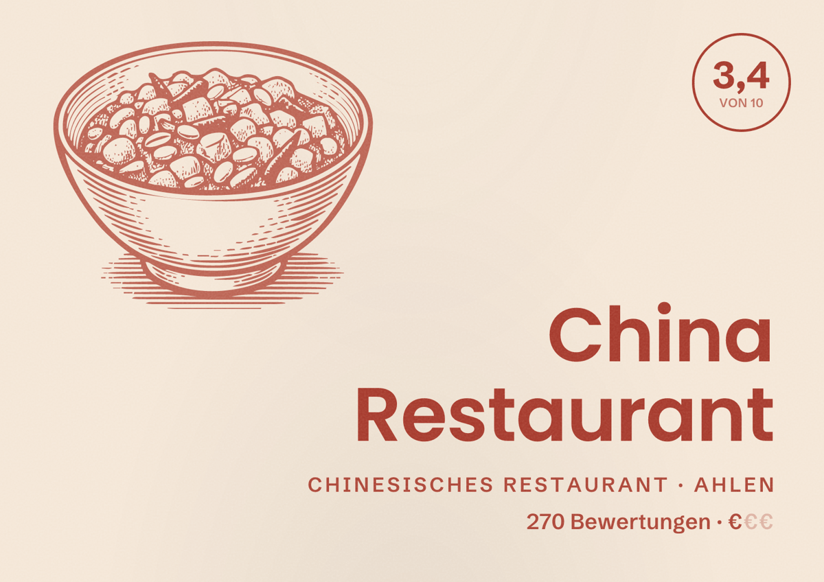 Illustriertes Poster von China Restaurant, Chinesisches Restaurant in Ahlen: Bewertung 3,4 von 10 aus 270 Bewertungen, Preisniveau €