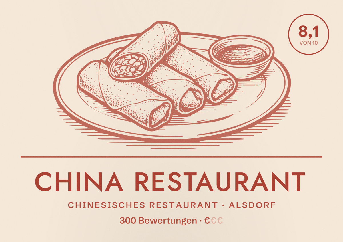 Illustriertes Poster von China Restaurant, Chinesisches Restaurant in Alsdorf: Bewertung 8,1 von 10 aus 300 Bewertungen, Preisniveau €