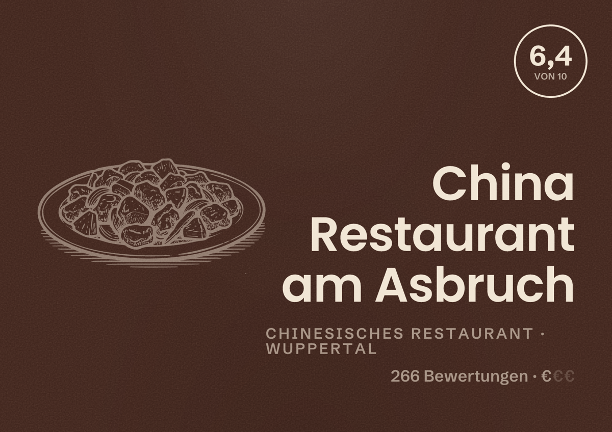 Illustriertes Poster von China Restaurant am Asbruch, Chinesisches Restaurant in Wuppertal: Bewertung 6,4 von 10 aus 266 Bewertungen, Preisniveau €