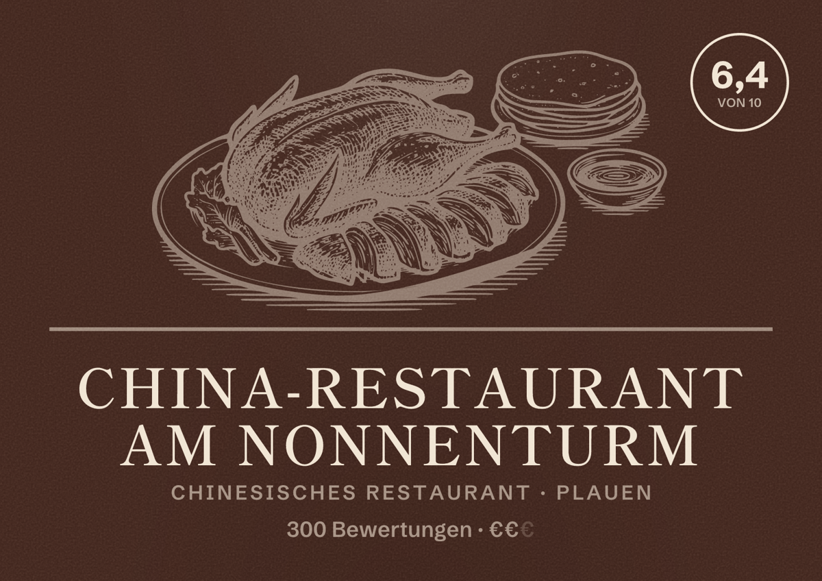 Illustriertes Poster von China-Restaurant Am Nonnenturm, Chinesisches Restaurant in Plauen: Bewertung 6,4 von 10 aus 300 Bewertungen, Preisniveau €€