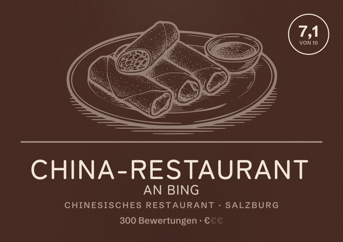 Illustriertes Poster von China-Restaurant An Bing, Chinesisches Restaurant in Salzburg: Bewertung 7,1 von 10 aus 300 Bewertungen, Preisniveau €