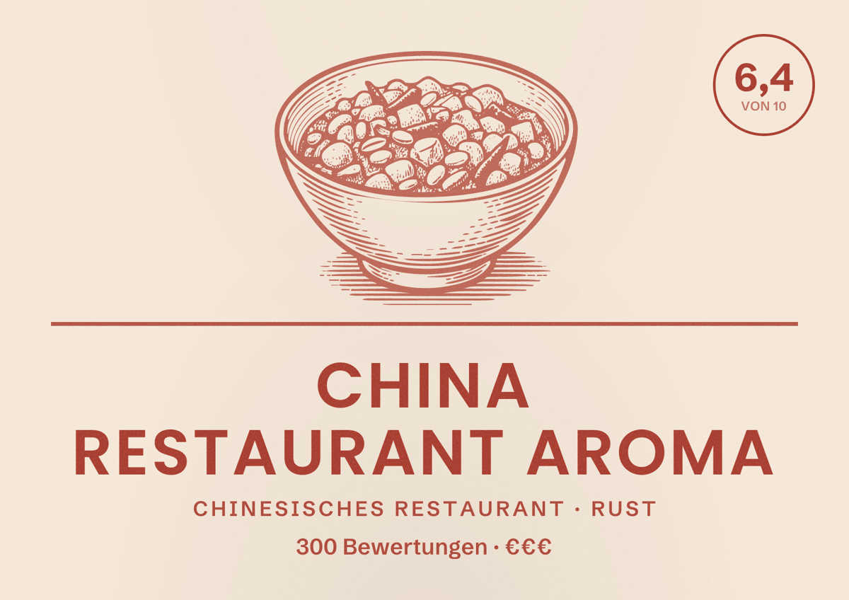 Illustriertes Poster von China Restaurant Aroma, Chinesisches Restaurant in Rust: Bewertung 6,4 von 10 aus 300 Bewertungen, Preisniveau €€€