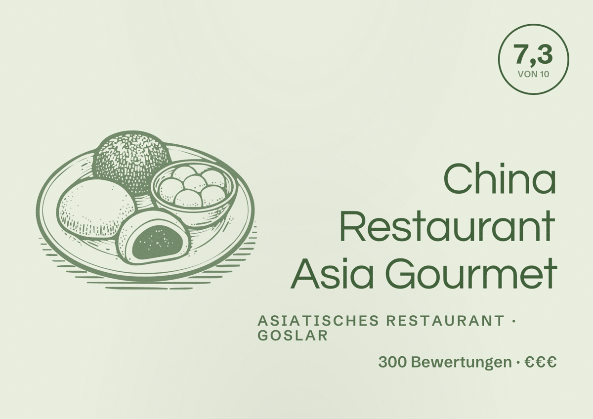 Illustriertes Poster von China Restaurant Asia Gourmet, Asiatisches Restaurant in Goslar: Bewertung 7,3 von 10 aus 300 Bewertungen, Preisniveau €€€