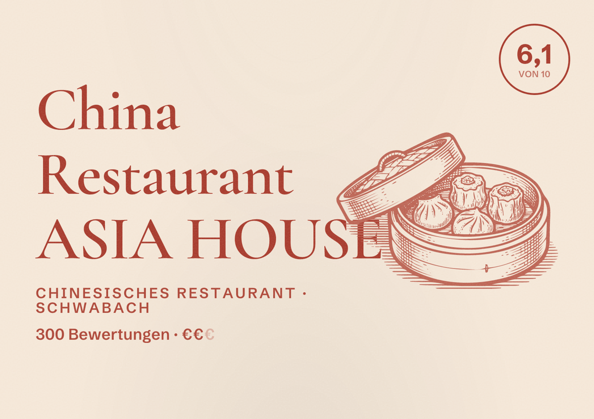 Illustriertes Poster von China Restaurant ASIA HOUSE, Chinesisches Restaurant in Schwabach: Bewertung 6,1 von 10 aus 300 Bewertungen, Preisniveau €€
