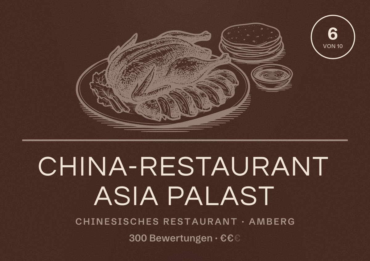 Illustriertes Poster von China-Restaurant Asia Palast, Chinesisches Restaurant in Amberg: Bewertung 6 von 10 aus 300 Bewertungen, Preisniveau €€