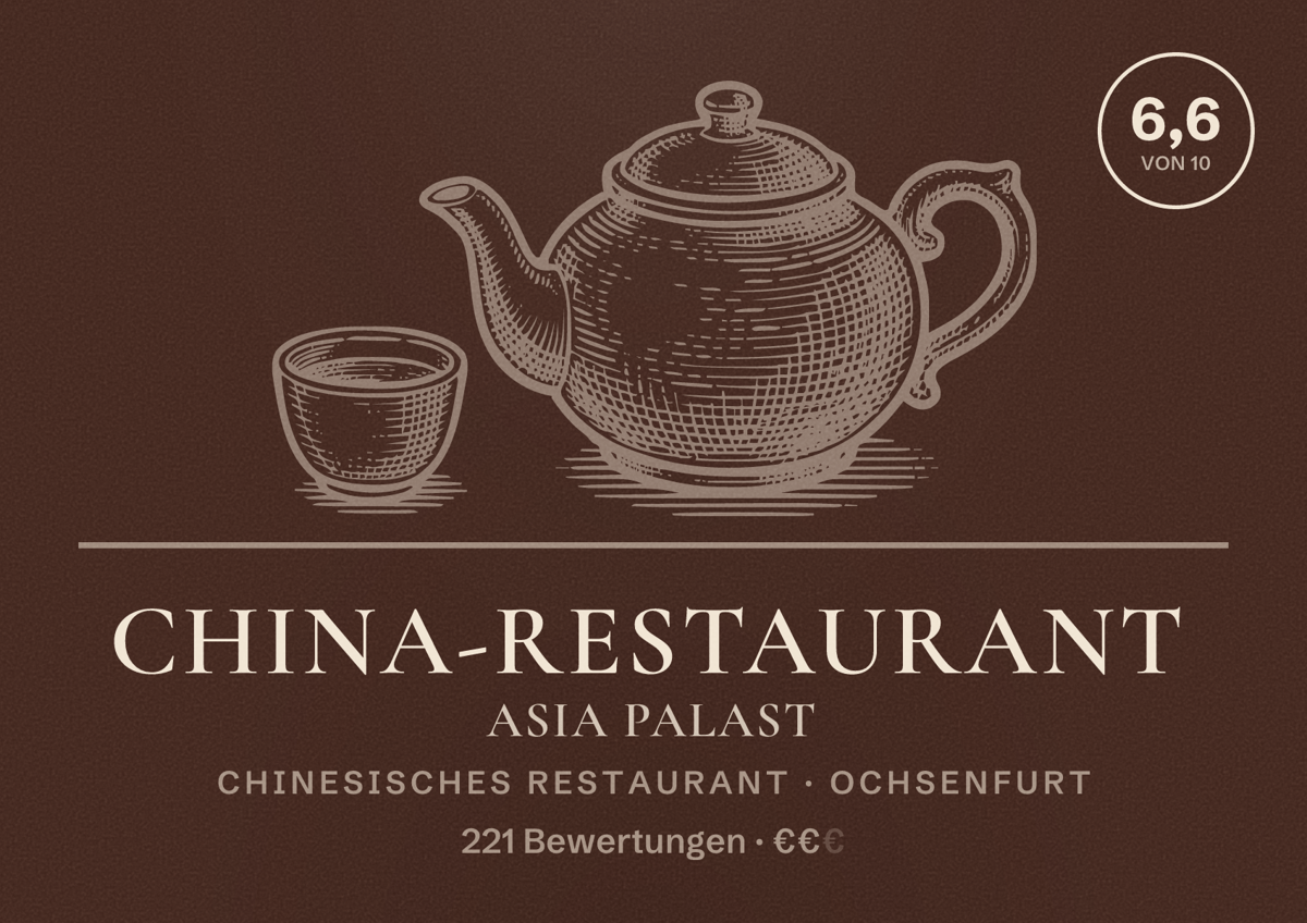 Illustriertes Poster von China-Restaurant Asia Palast, Chinesisches Restaurant in Ochsenfurt: Bewertung 6,6 von 10 aus 221 Bewertungen, Preisniveau €€