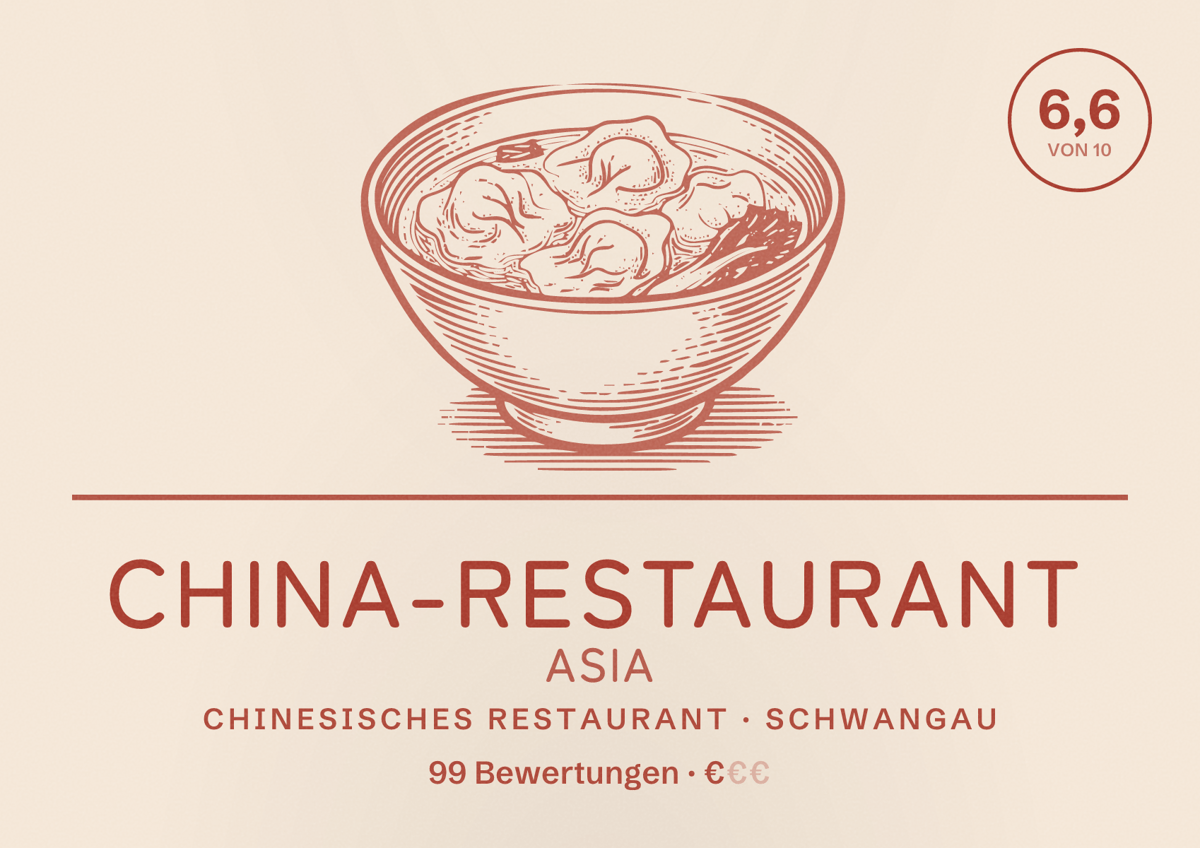 Illustriertes Poster von China-Restaurant ASIA, Chinesisches Restaurant in Schwangau: Bewertung 6,6 von 10 aus 99 Bewertungen, Preisniveau €