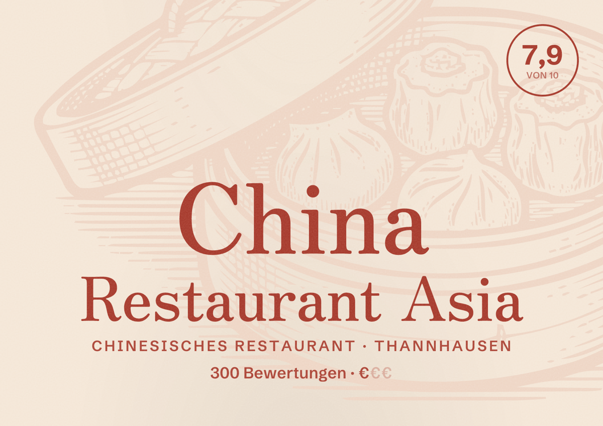 Illustriertes Poster von China Restaurant Asia, Chinesisches Restaurant in Thannhausen: Bewertung 7,9 von 10 aus 300 Bewertungen, Preisniveau €