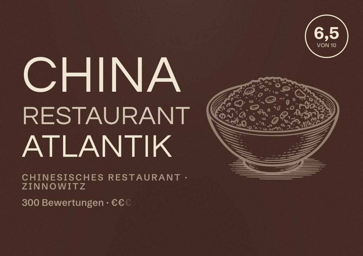 Illustriertes Poster von China Restaurant Atlantik, Chinesisches Restaurant in Zinnowitz: Bewertung 6,5 von 10 aus 300 Bewertungen, Preisniveau €€