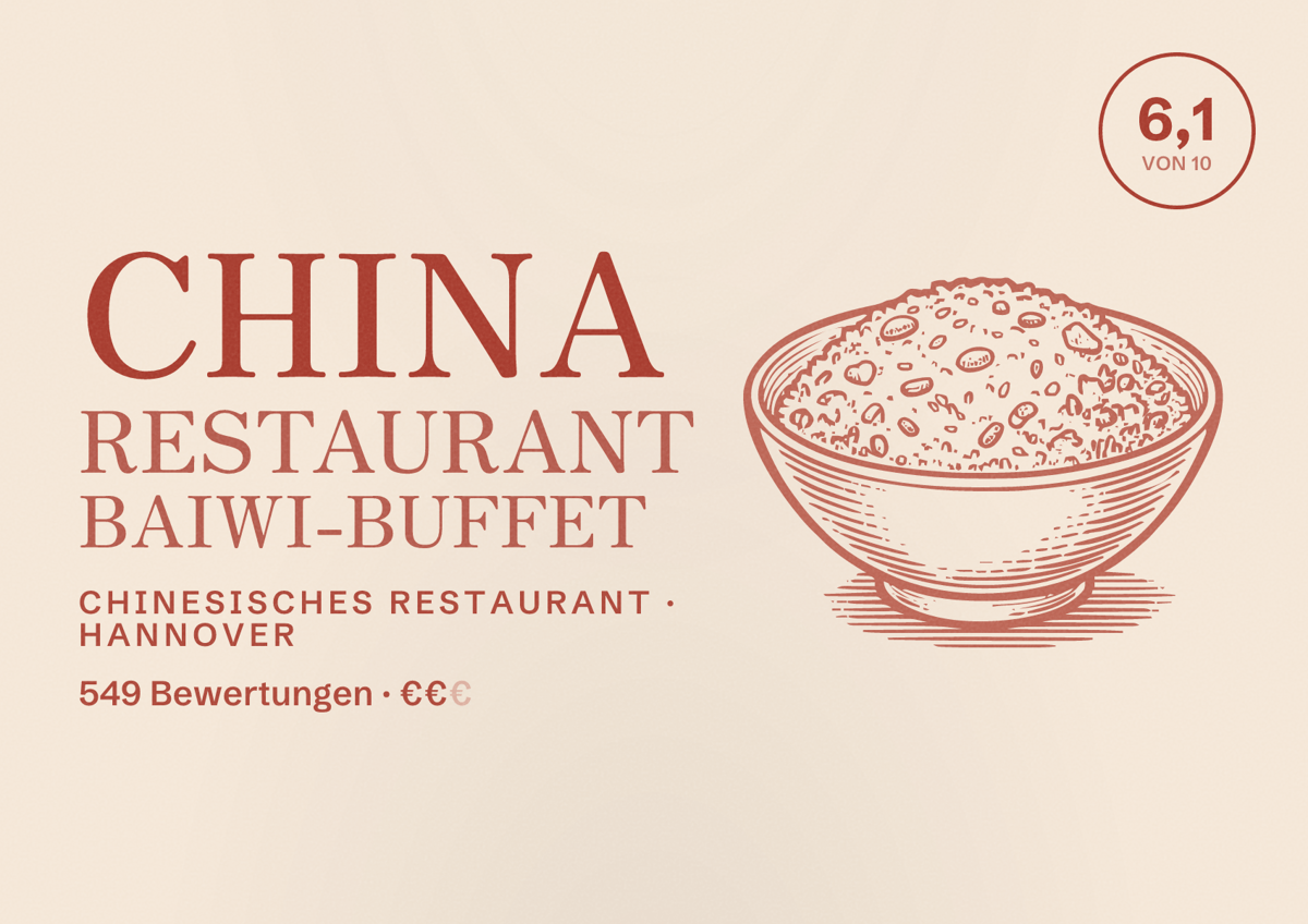 Illustriertes Poster von China Restaurant Baiwi-Buffet, Chinesisches Restaurant in Hannover: Bewertung 6,1 von 10 aus 549 Bewertungen, Preisniveau €€