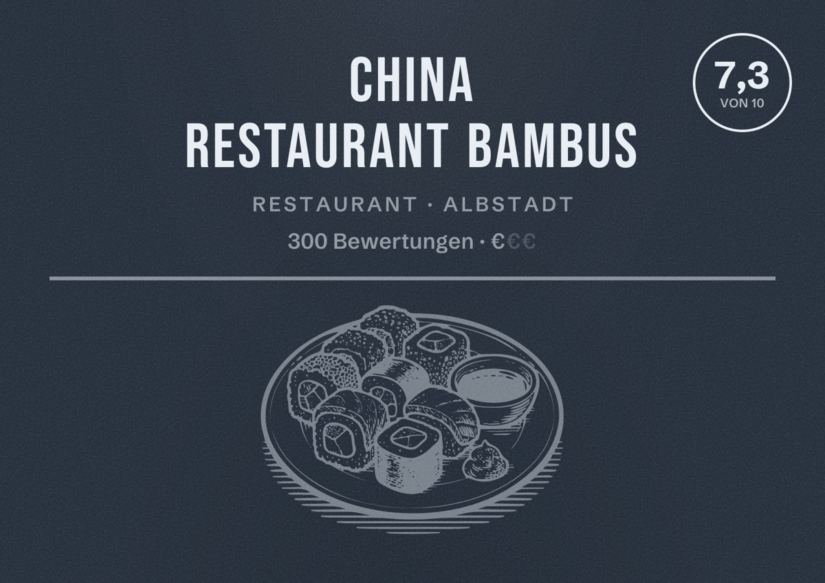 Illustriertes Poster von China Restaurant Bambus, Restaurant in Albstadt: Bewertung 7,3 von 10 aus 300 Bewertungen, Preisniveau €