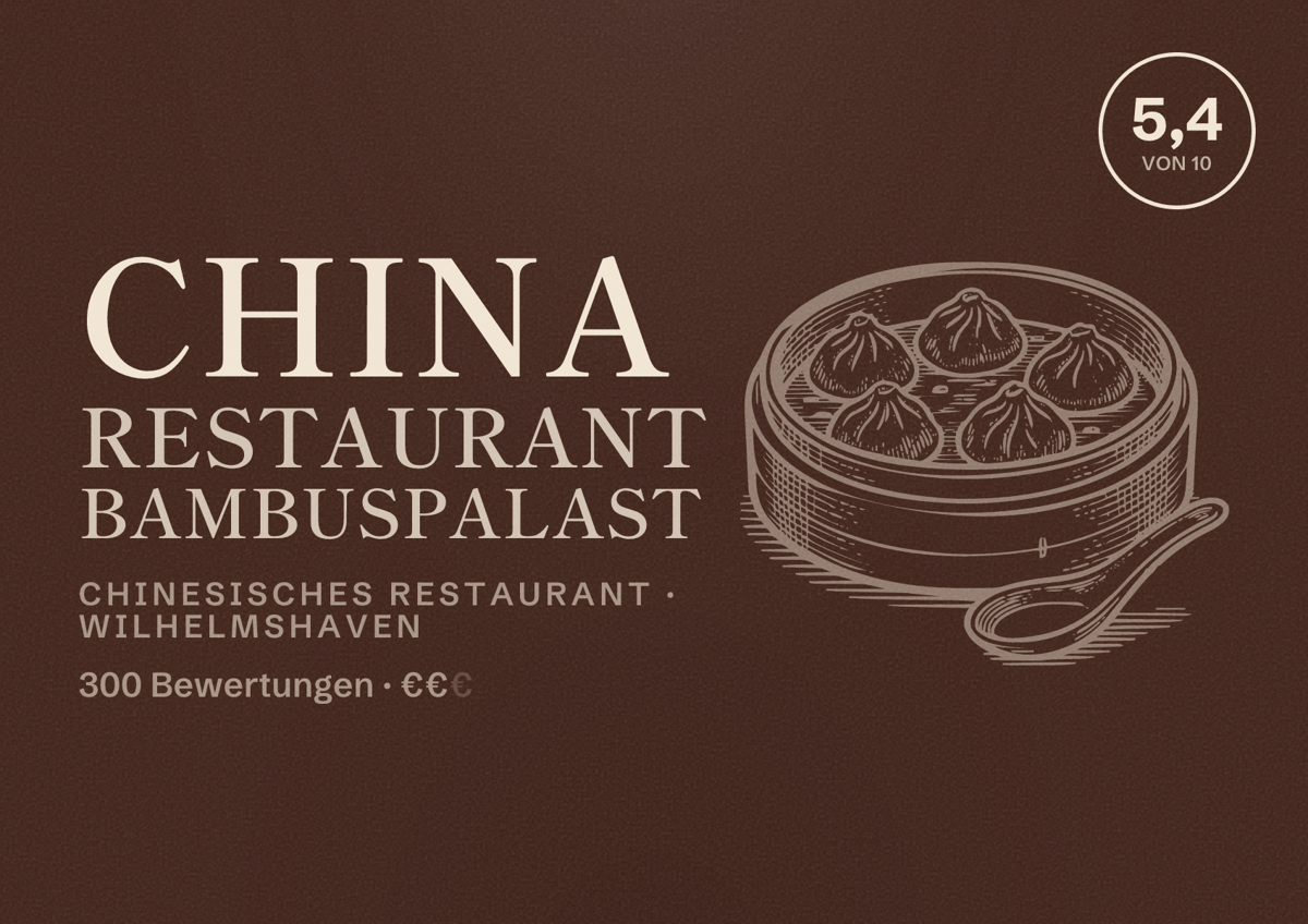 Illustriertes Poster von China Restaurant Bambuspalast, Chinesisches Restaurant in Wilhelmshaven: Bewertung 5,4 von 10 aus 300 Bewertungen, Preisniveau €€