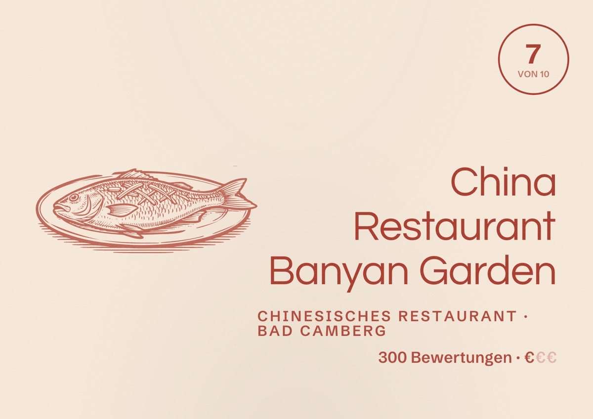 Illustriertes Poster von China Restaurant Banyan Garden, Chinesisches Restaurant in Bad Camberg: Bewertung 7 von 10 aus 300 Bewertungen, Preisniveau €