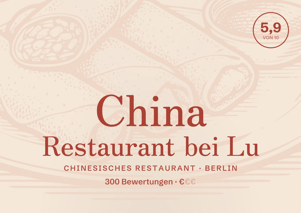 Illustriertes Poster von China Restaurant bei Lu, Chinesisches Restaurant in Berlin: Bewertung 5,9 von 10 aus 300 Bewertungen, Preisniveau €