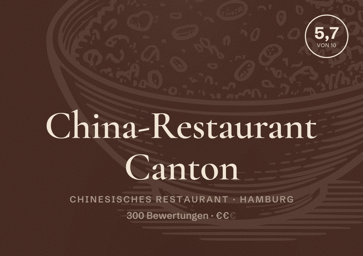 Illustriertes Poster von China-Restaurant Canton, Chinesisches Restaurant in Hamburg: Bewertung 5,7 von 10 aus 300 Bewertungen, Preisniveau €€