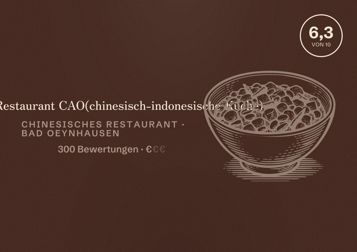 Illustriertes Poster von China Restaurant CAO(chinesisch-indonesische Küche), Chinesisches Restaurant in Bad Oeynhausen: Bewertung 6,3 von 10 aus 300 Bewertungen, Preisniveau €